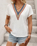 Pointelle Knit Tee with Embroidered V Neck - White