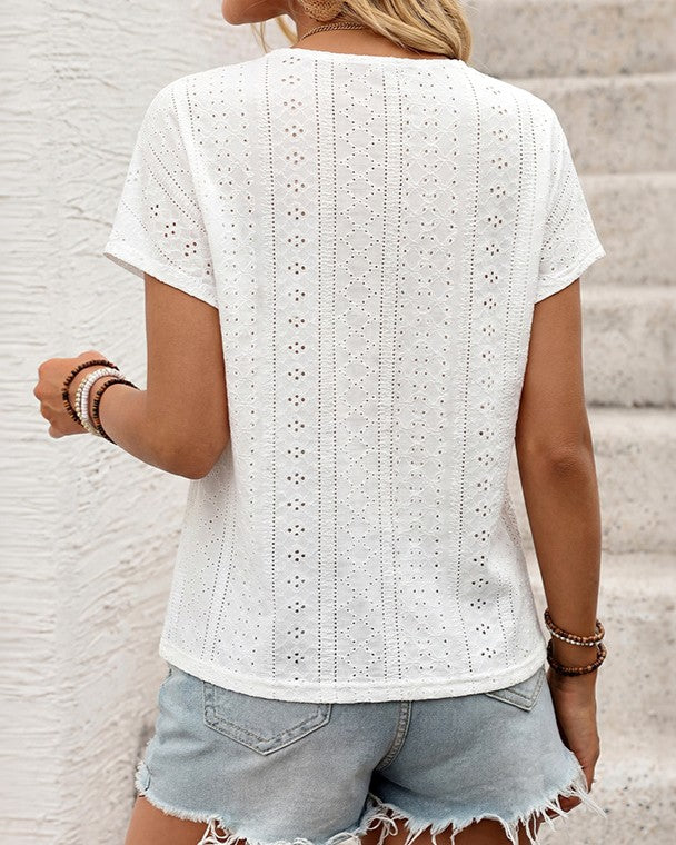 Pointelle Knit Tee with Embroidered V Neck - White - 2
