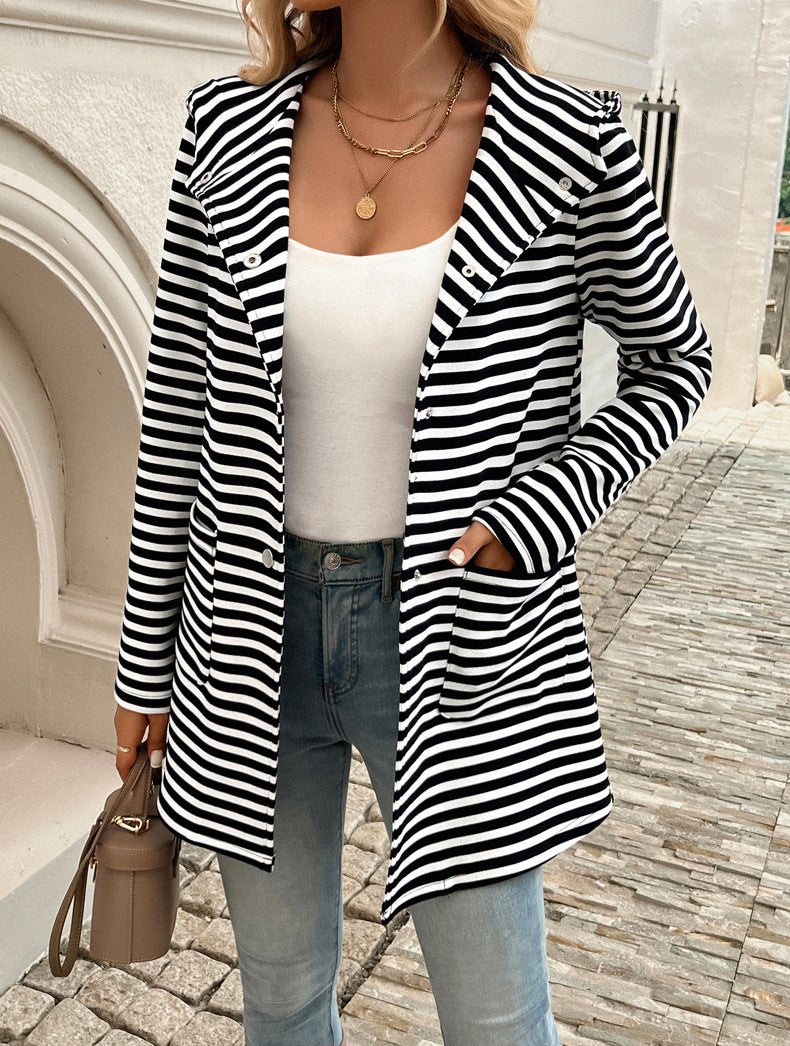 Breton Stripe Hooded Open Front Cardigan - Black - 2