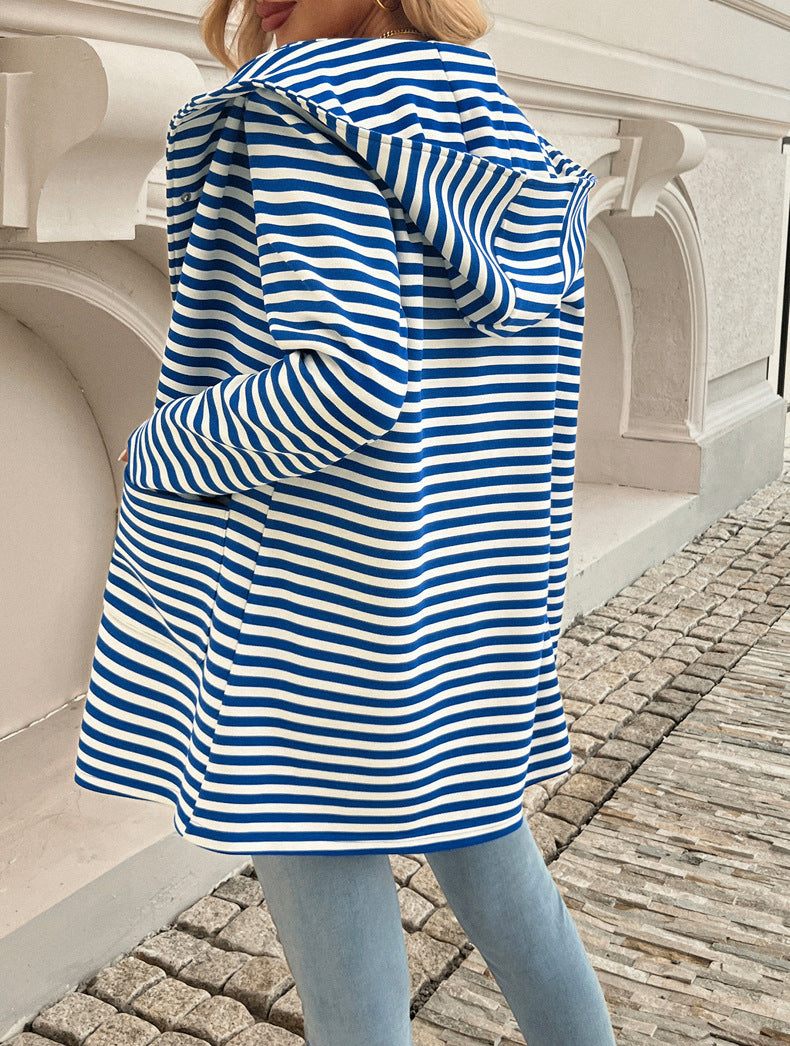 Breton Stripe Hooded Open Front Cardigan - Blue - 1