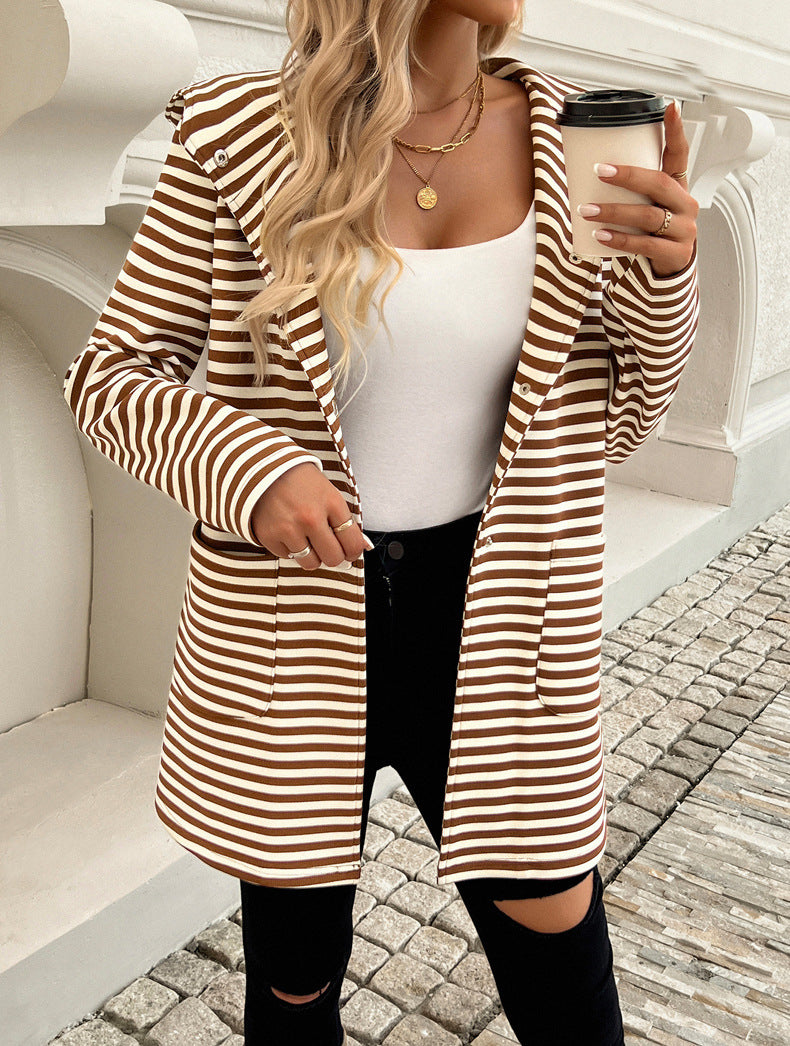 Breton Stripe Hooded Open Front Cardigan - Brown - 1