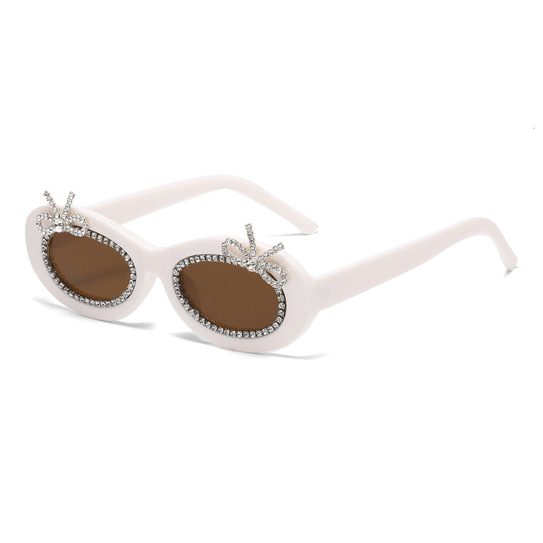 Rhinestone Bow Oval Frame Sunglasses - Beige