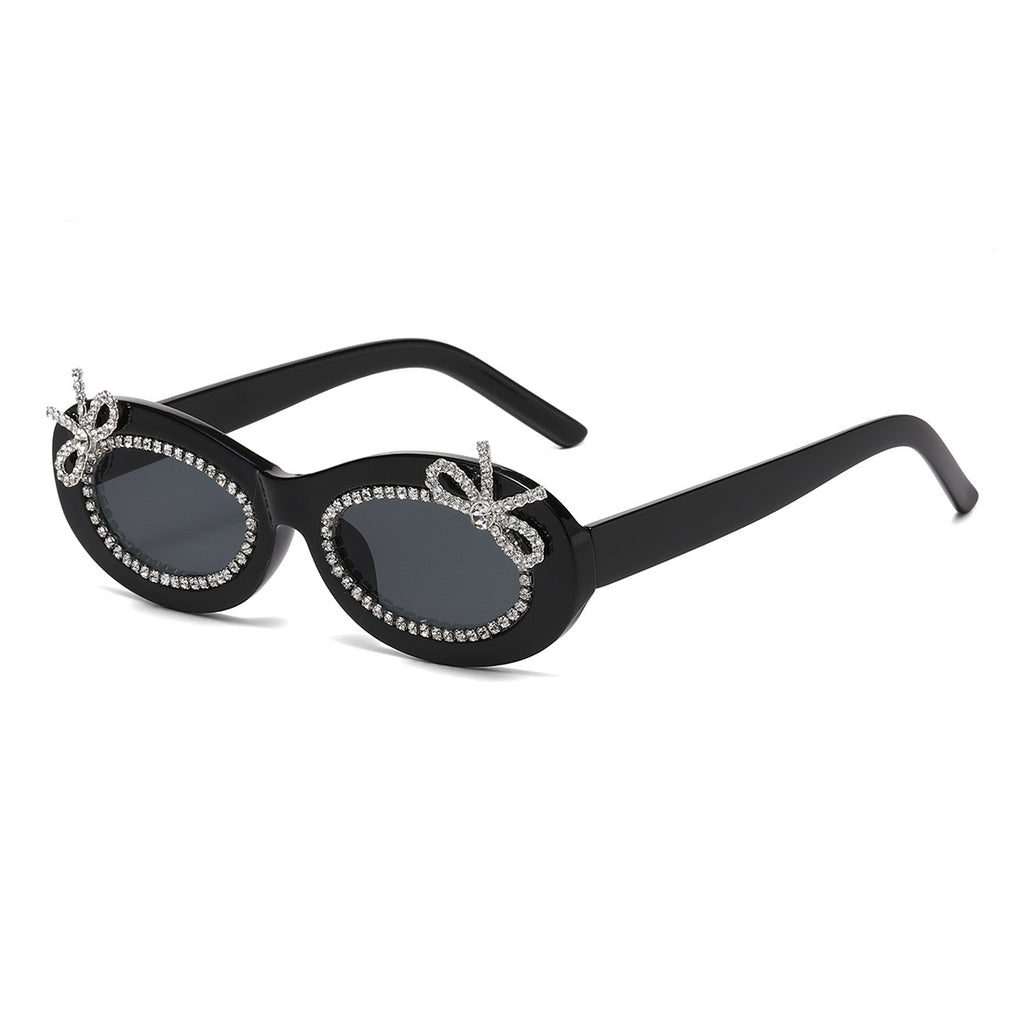 Rhinestone Bow Oval Frame Sunglasses - Black