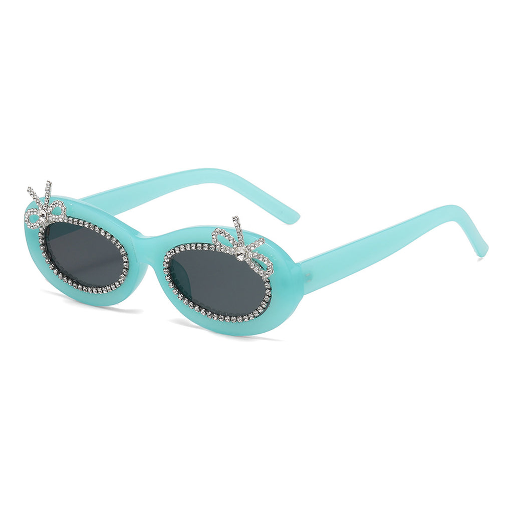 Rhinestone Bow Oval Frame Sunglasses - Blue
