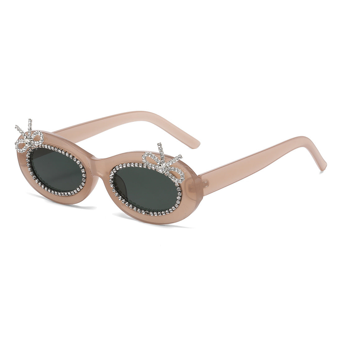 Rhinestone Bow Oval Frame Sunglasses - Coffee-1