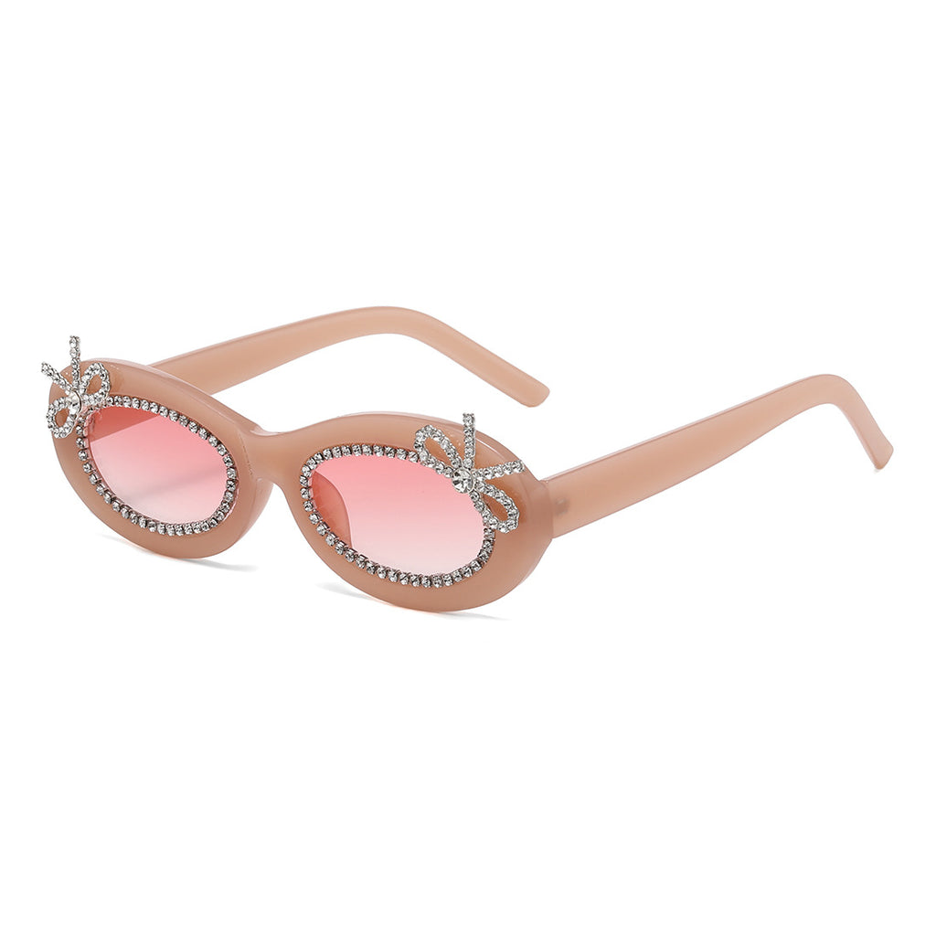 Rhinestone Bow Oval Frame Sunglasses - Coffee-2