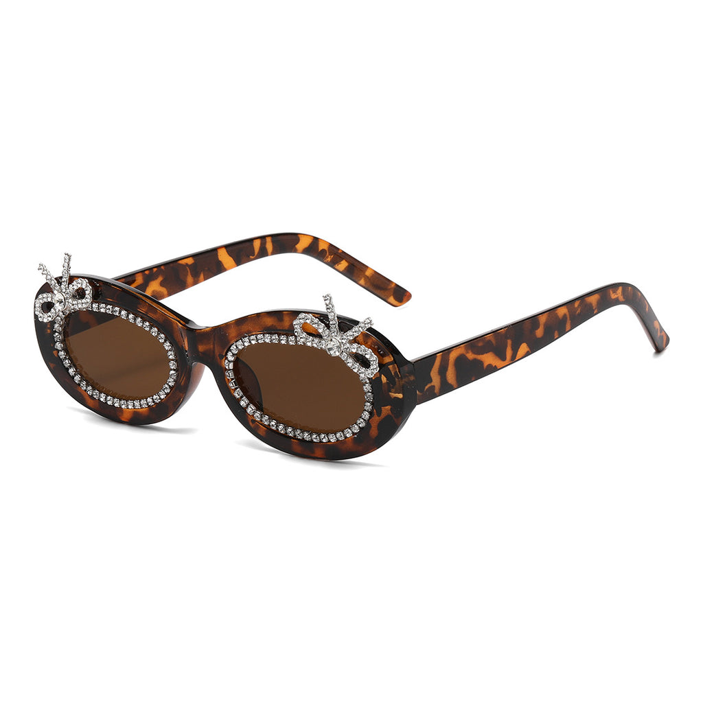 Rhinestone Bow Oval Frame Sunglasses - Leopard