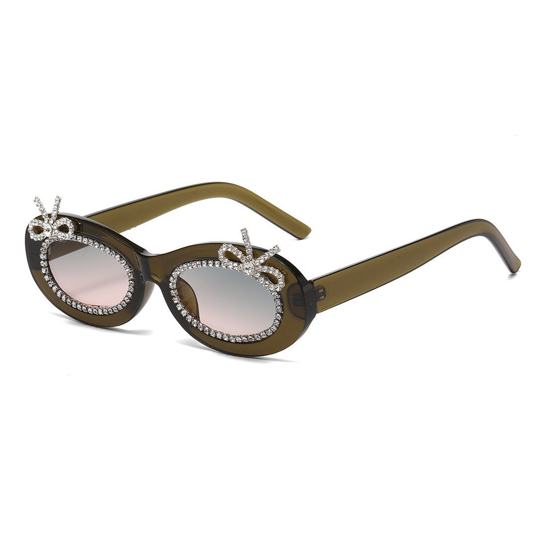 Rhinestone Bow Oval Frame Sunglasses - Olive