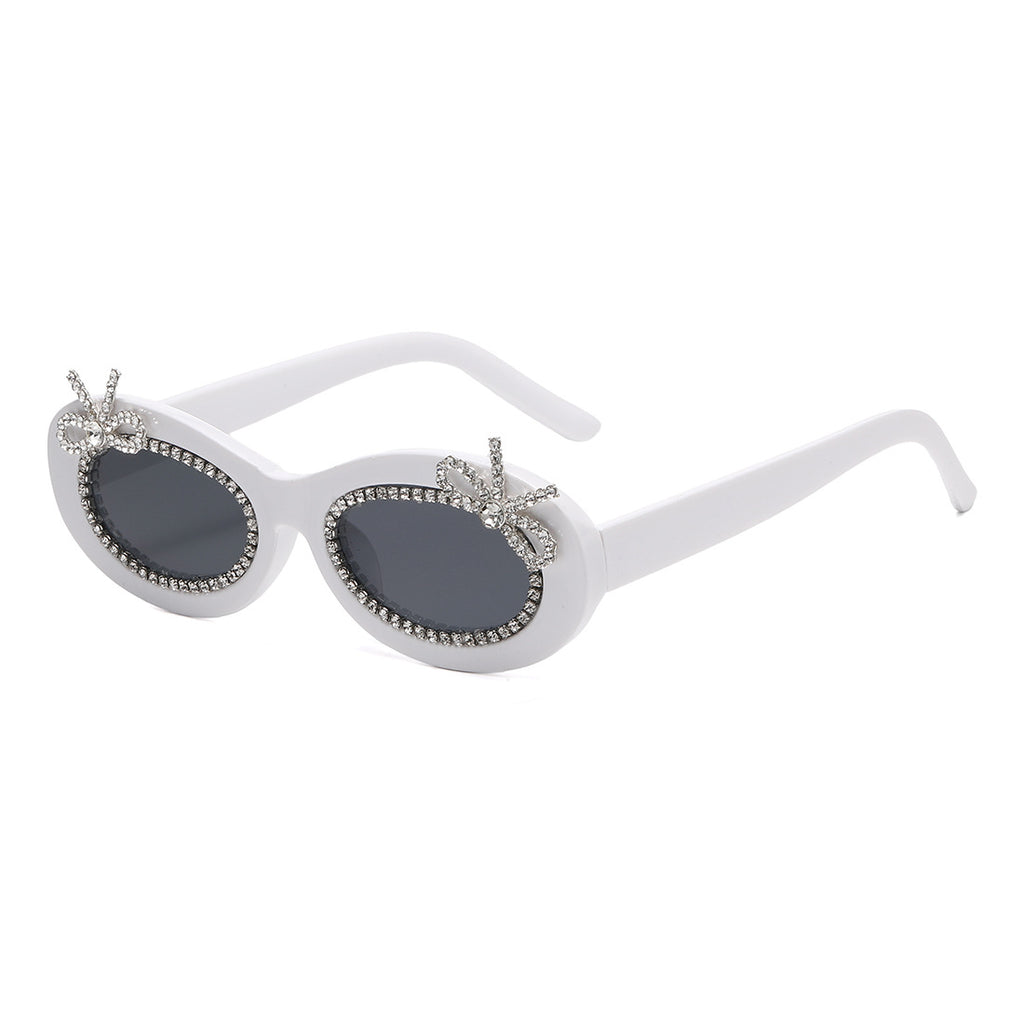 Rhinestone Bow Oval Frame Sunglasses - White