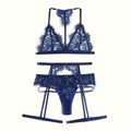 Eyelash Lace Halter Bralette Garter Belt Set - Navy
