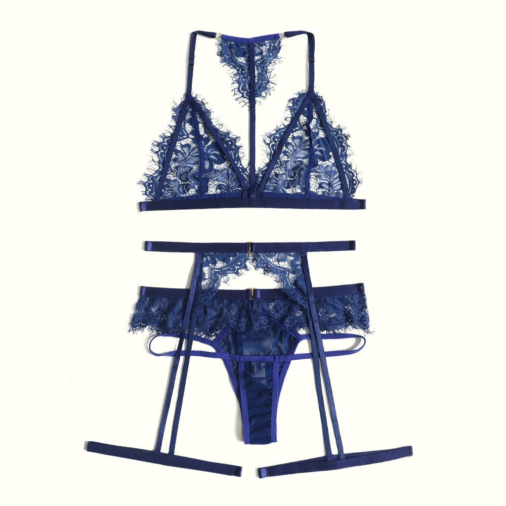 Eyelash Lace Halter Bralette Garter Belt Set - Navy
