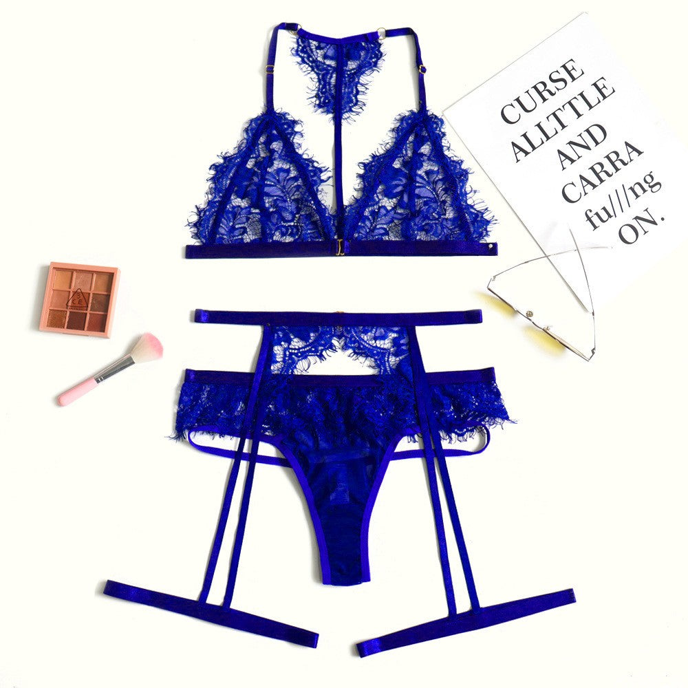 Eyelash Lace Halter Bralette Garter Belt Set - Royal Blue