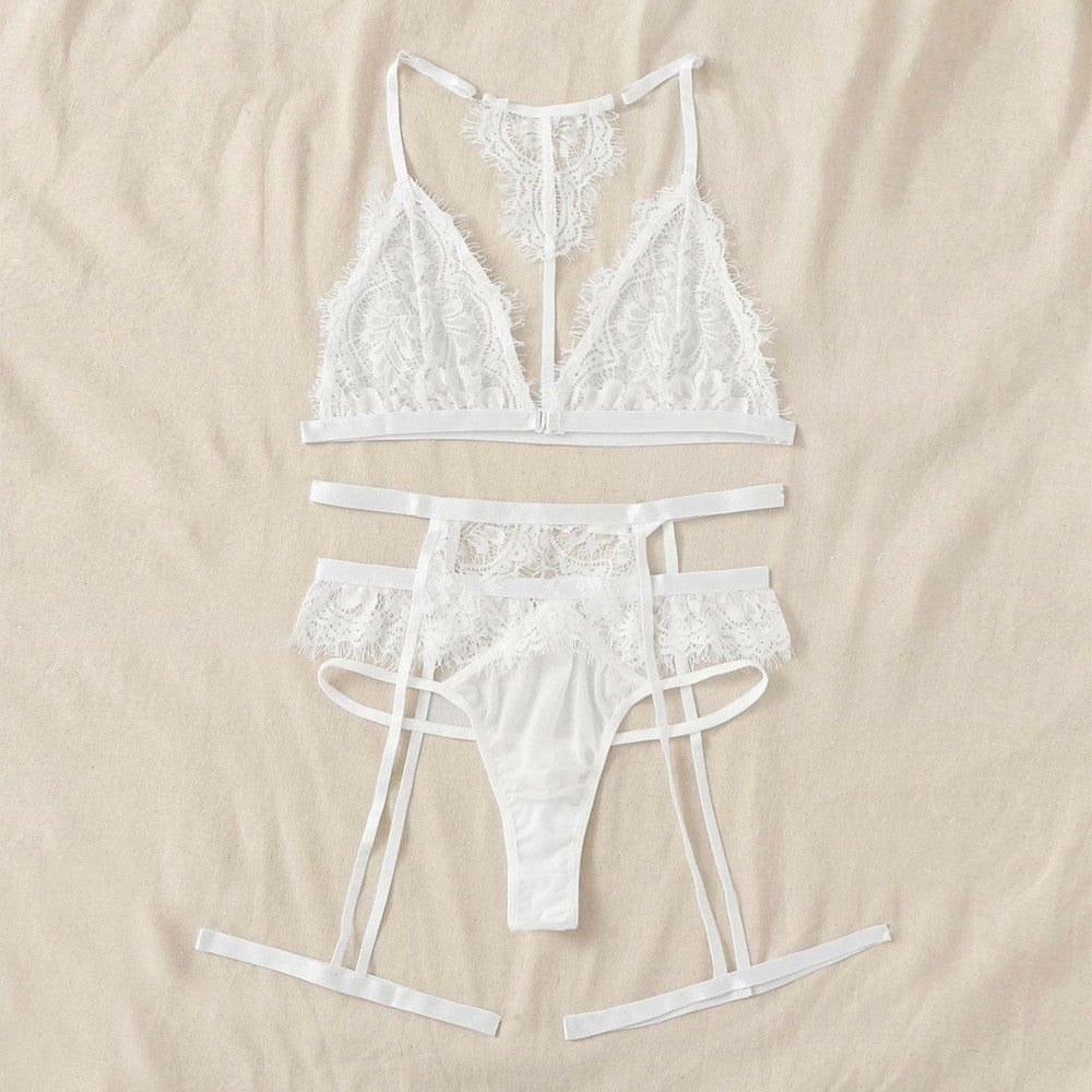 Eyelash Lace Halter Bralette Garter Belt Set