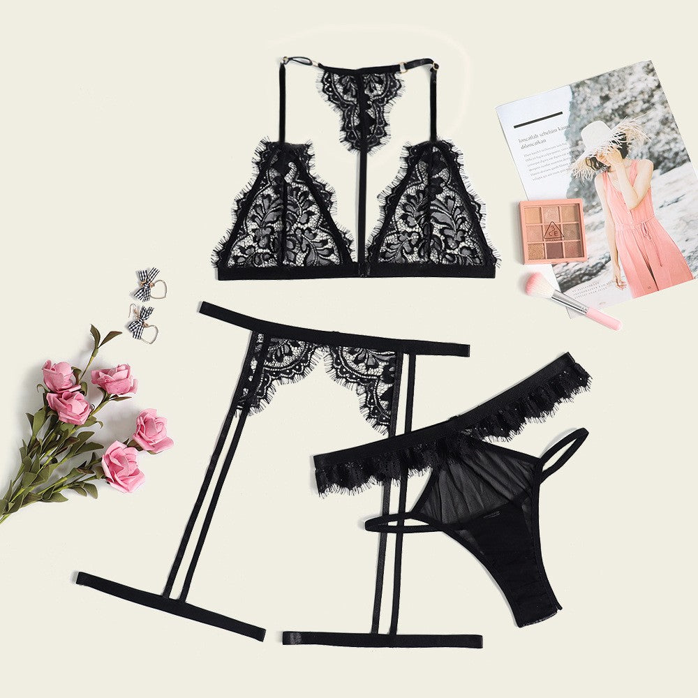 Eyelash Lace Halter Bralette Garter Belt Set