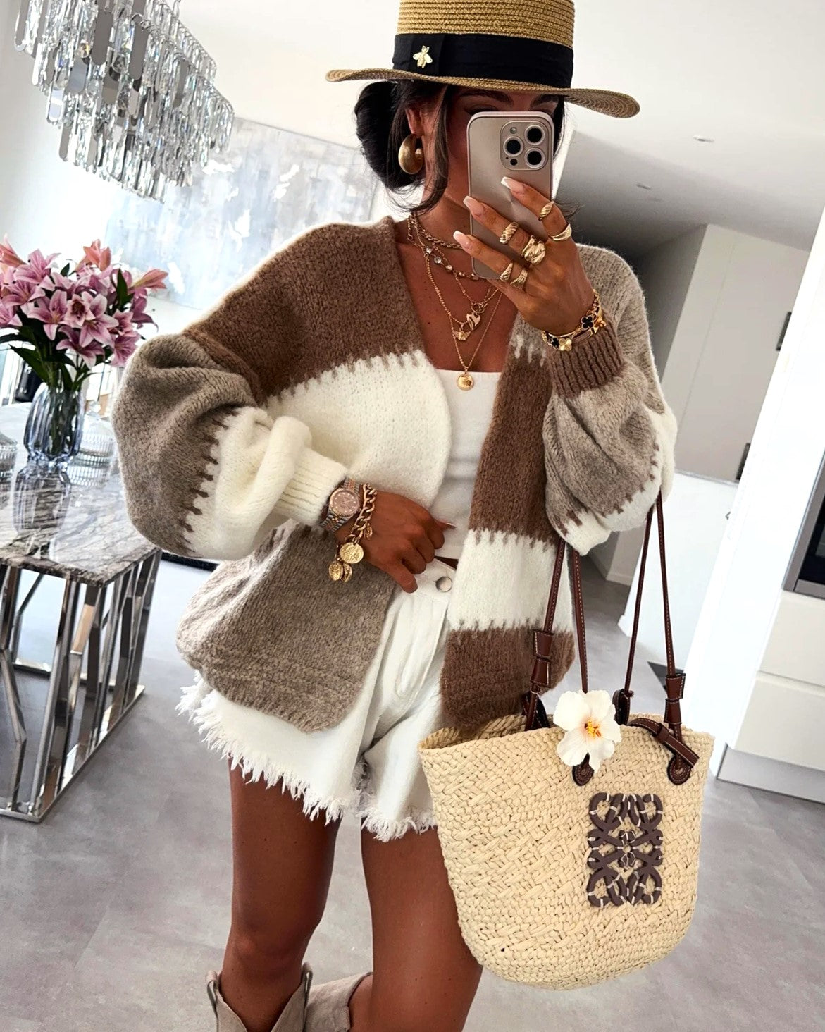 Blanket Stitch Striped Slouchy Knit Cardigan - Brown