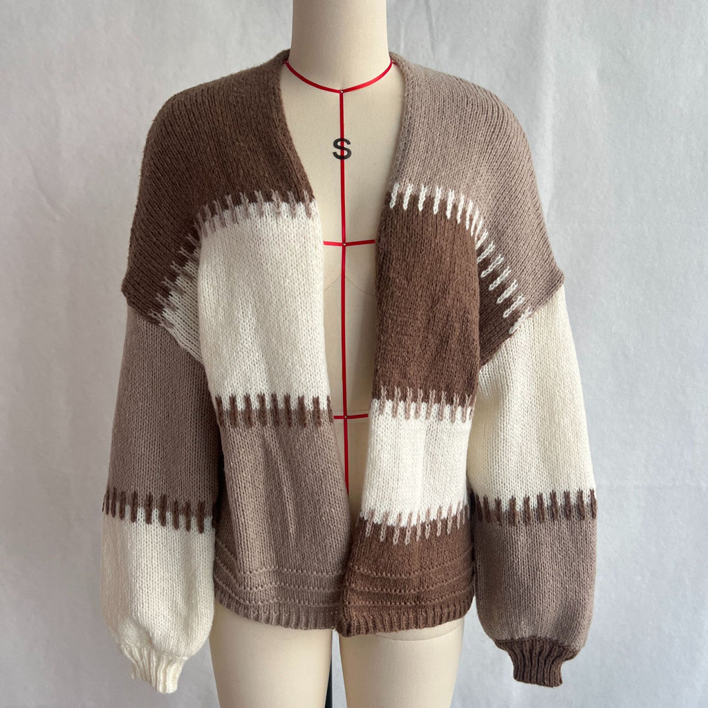 Blanket Stitch Striped Slouchy Knit Cardigan - Brown - 1