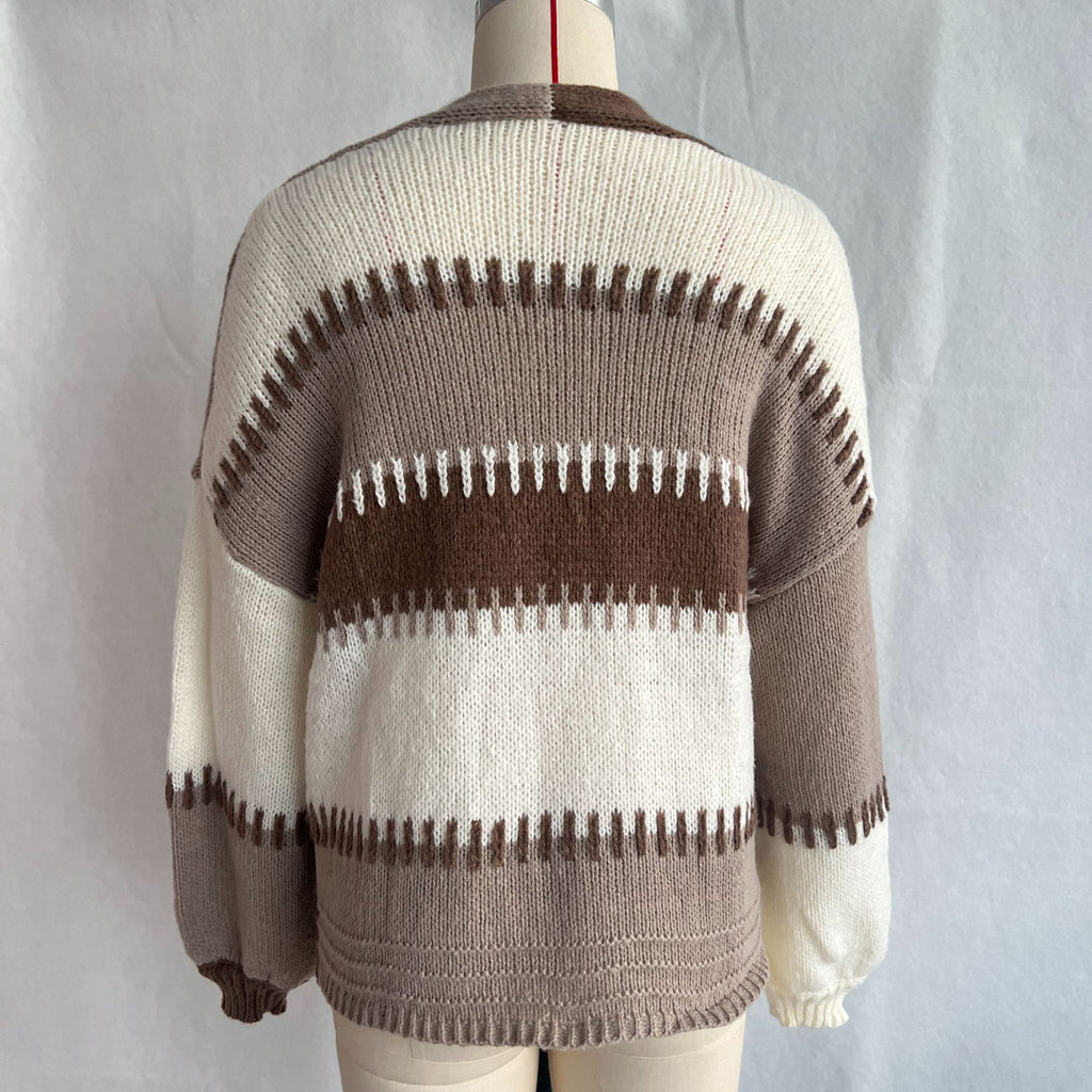 Blanket Stitch Striped Slouchy Knit Cardigan - Brown - 2