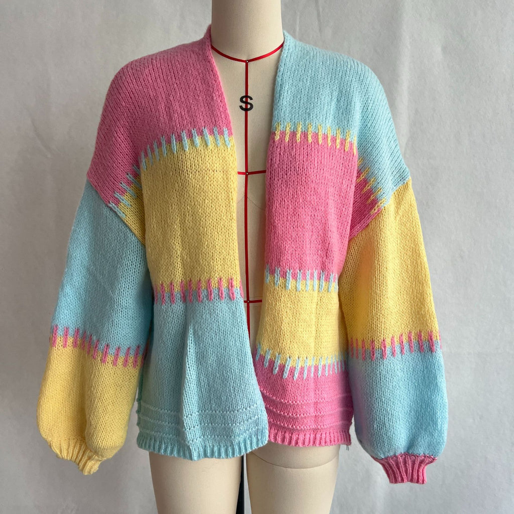 Blanket Stitch Striped Slouchy Knit Cardigan - Pink