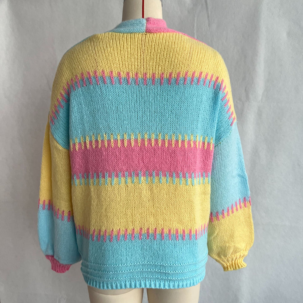 Blanket Stitch Striped Slouchy Knit Cardigan - Pink - 1