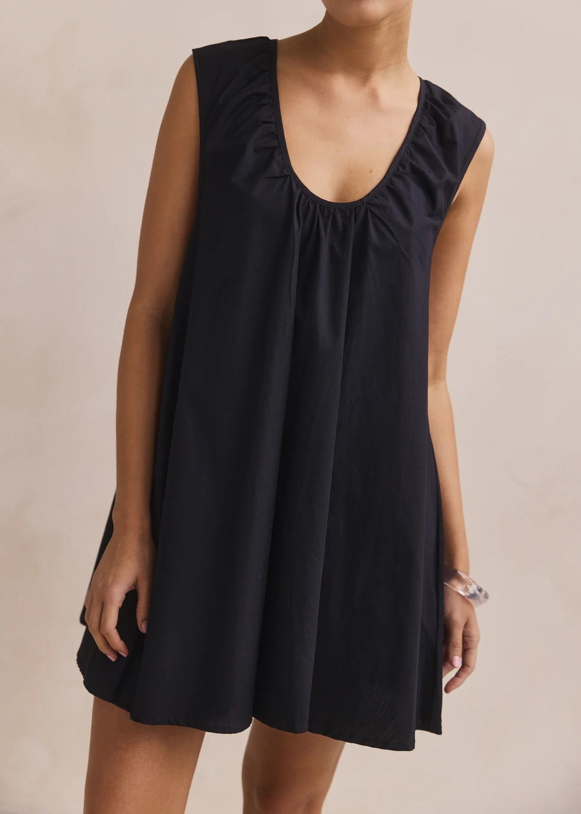Ruched Shoulder Sleeveless Swing Mini Dress - Black