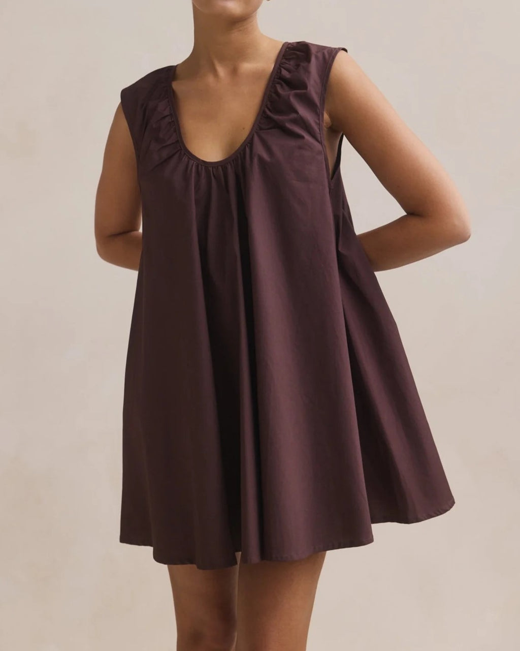 Ruched Shoulder Sleeveless Swing Mini Dress - Coffee