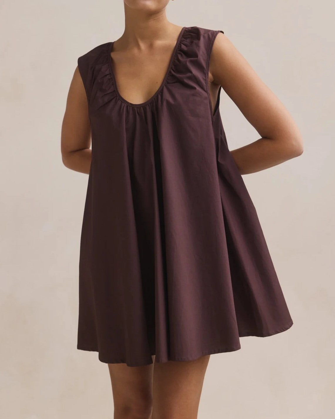 Ruched Shoulder Sleeveless Swing Mini Dress - Coffee