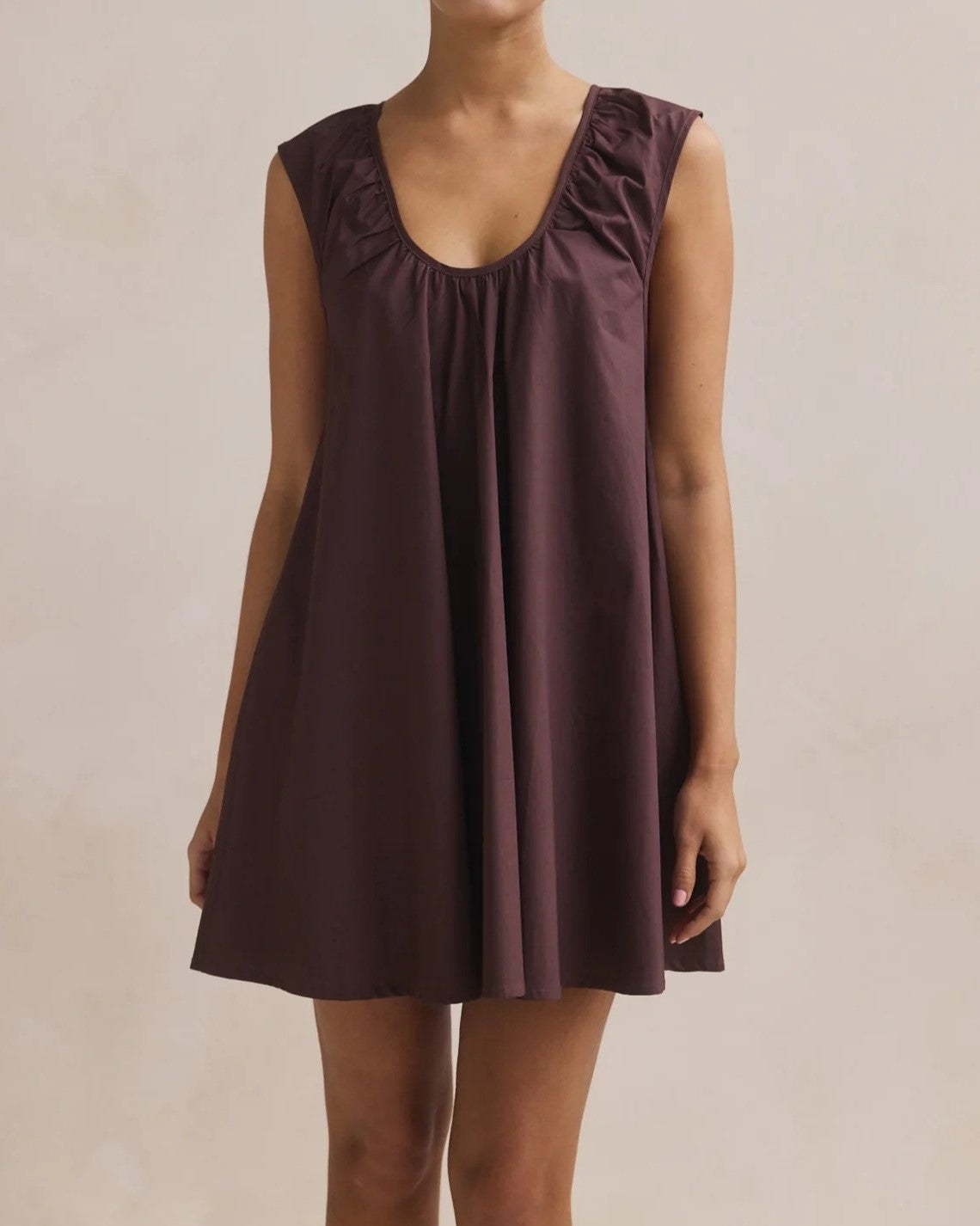 Ruched Shoulder Sleeveless Swing Mini Dress - Coffee - 1