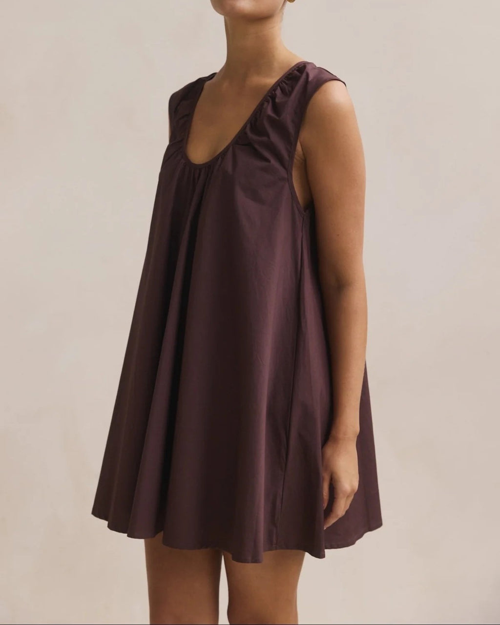 Ruched Shoulder Sleeveless Swing Mini Dress - Coffee - 2