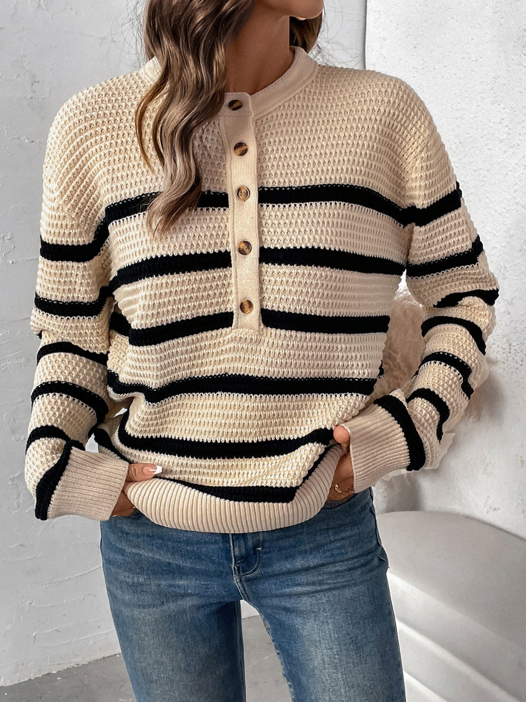 Striped Henley Button Placket Knit Sweater - Apricot - 1