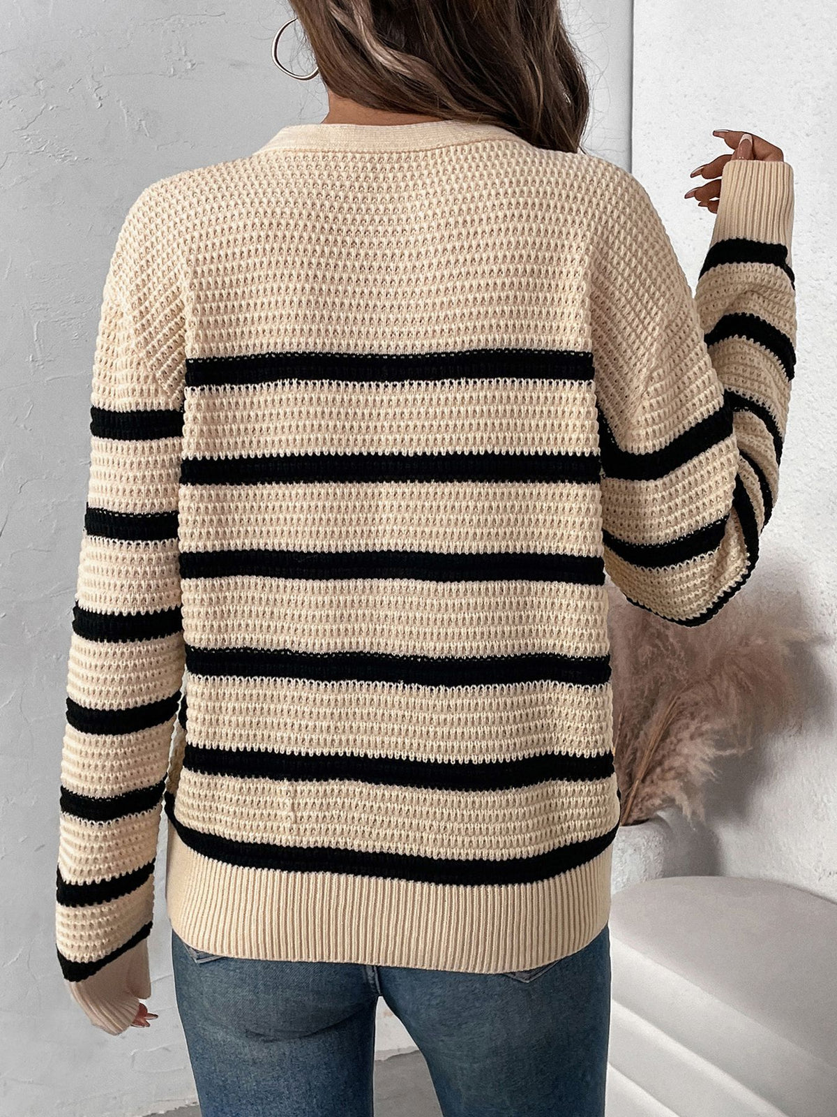 Striped Henley Button Placket Knit Sweater - Apricot - 2