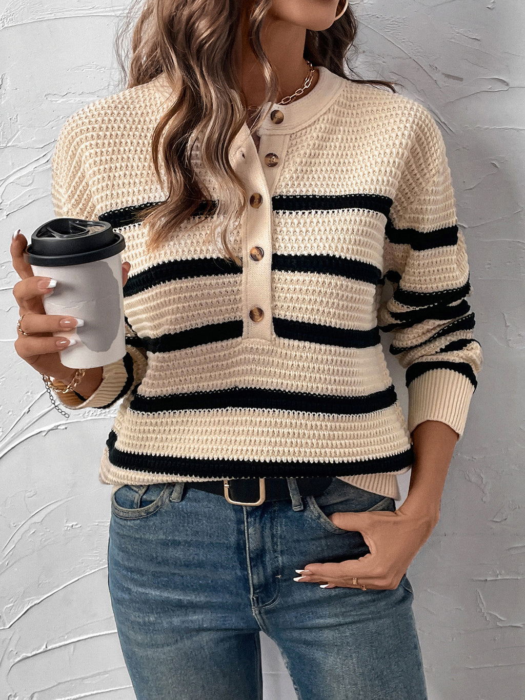 Striped Henley Button Placket Knit Sweater - Apricot - 5