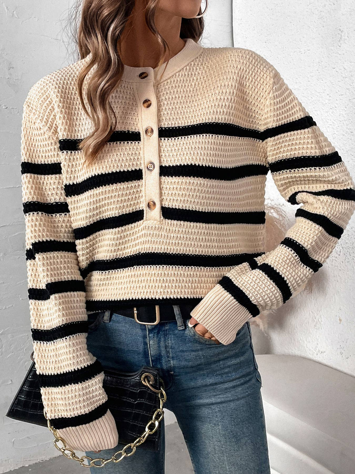 Striped Henley Button Placket Knit Sweater