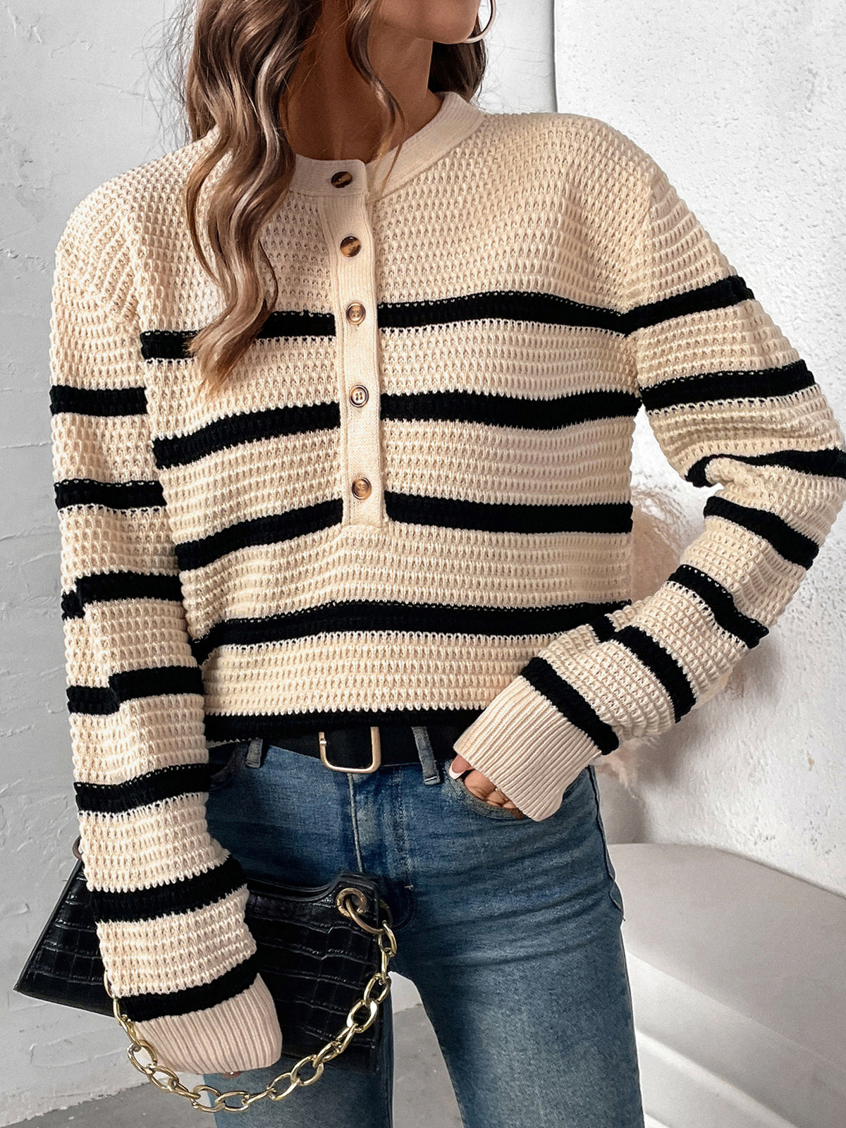 Striped Henley Button Placket Knit Sweater - view 1