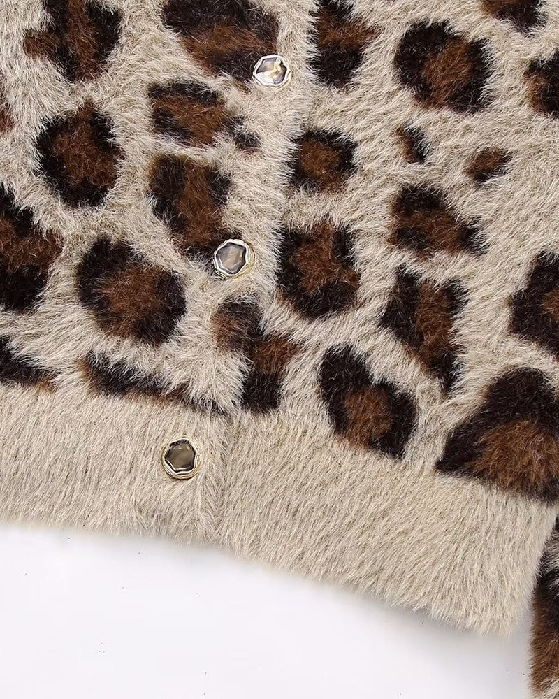Fuzzy Leopard Print Button Cardigan - Leopard_1 - 3