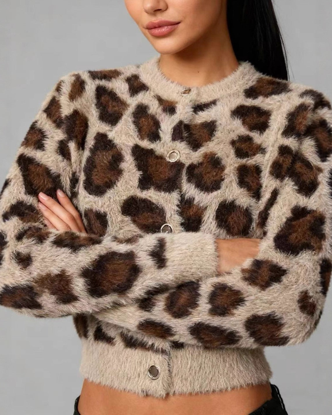 Fuzzy Leopard Print Button Cardigan - Leopard_1 - 4