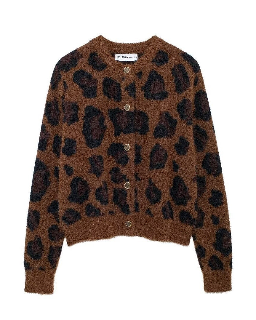 Fuzzy Leopard Print Button Cardigan - Leopard_3