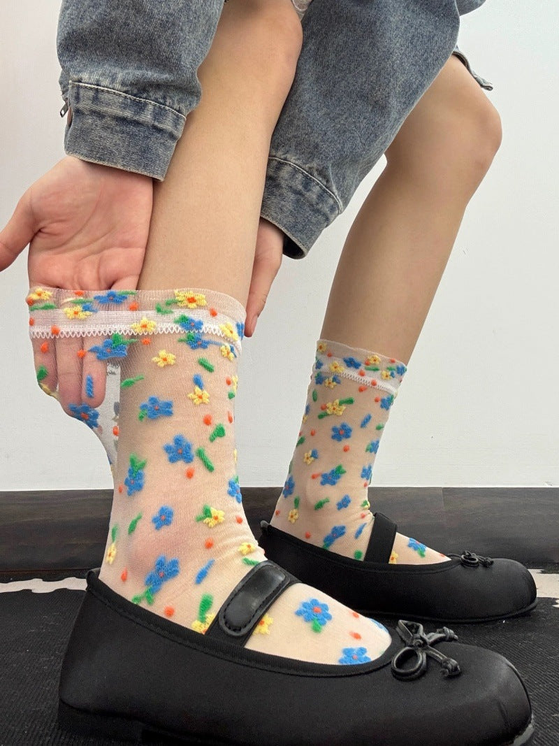 Sheer Mesh Crew Socks In Playful Prints - Floral - 1