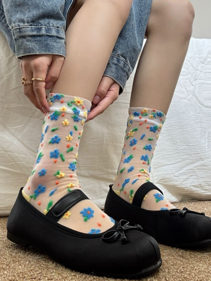 Sheer Mesh Crew Socks In Playful Prints - Floral - 2