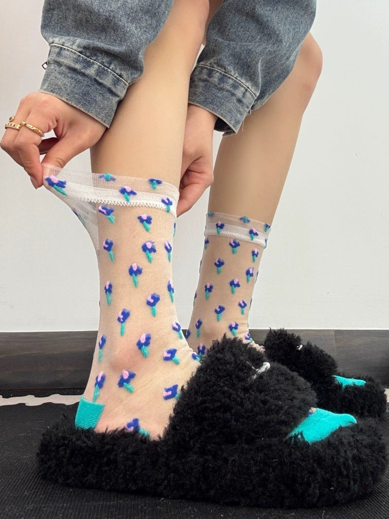 Sheer Mesh Crew Socks In Playful Prints - Flower