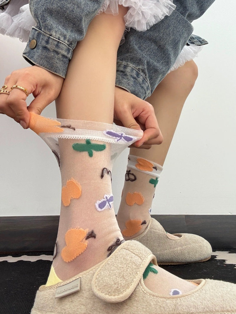 Sheer Mesh Crew Socks In Playful Prints - Insects