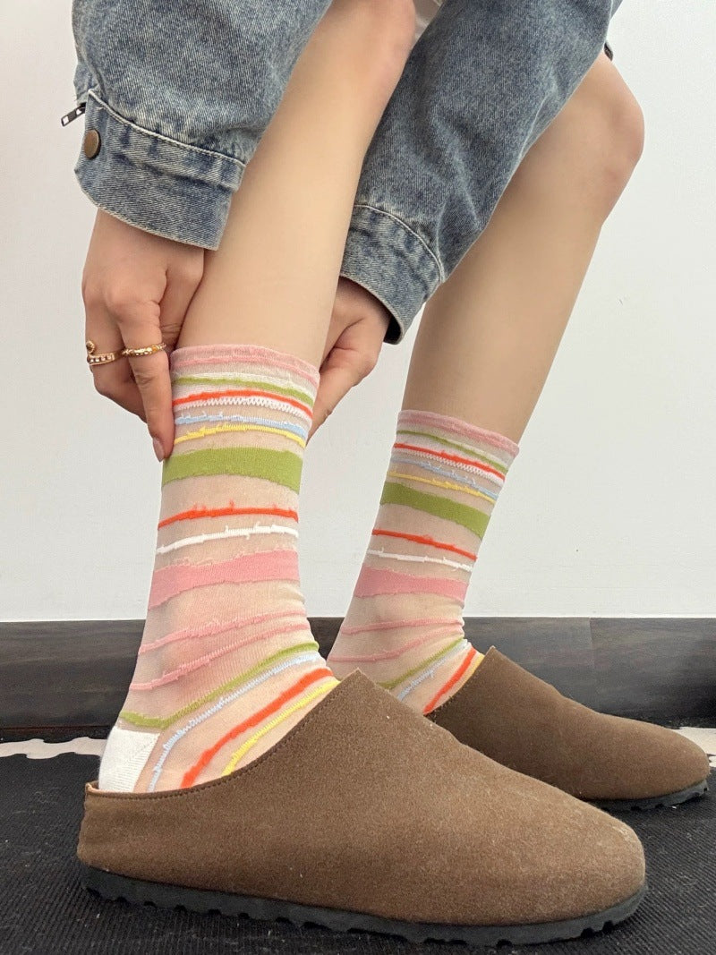 Sheer Mesh Crew Socks In Playful Prints - Striped