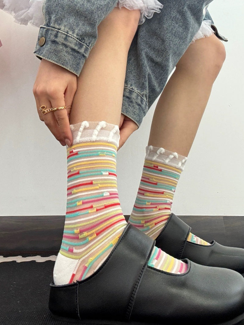 Sheer Mesh Crew Socks In Playful Prints - Vine