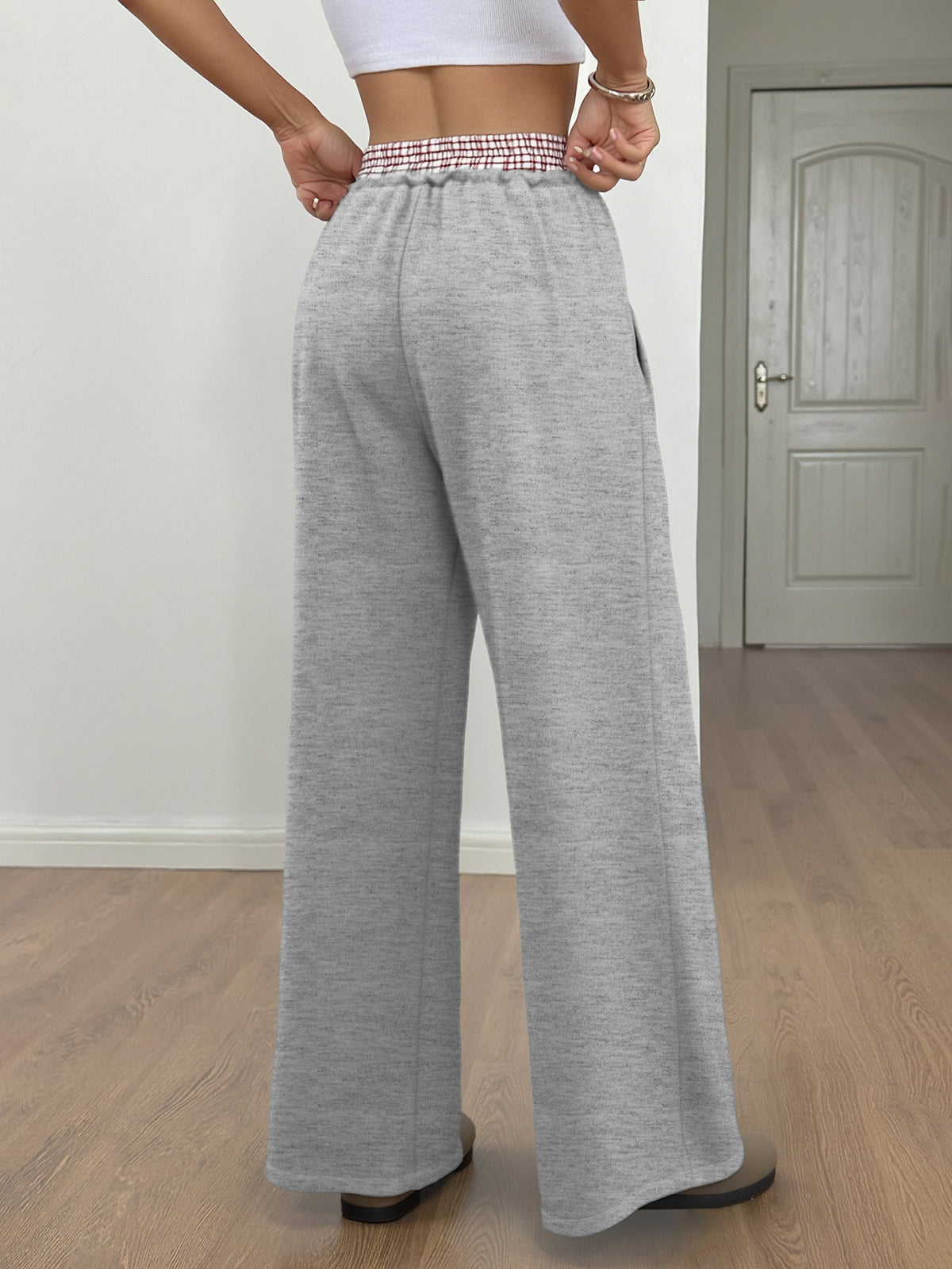 High Waist Contrast Waistband Wide Leg Pants - Grey - 1