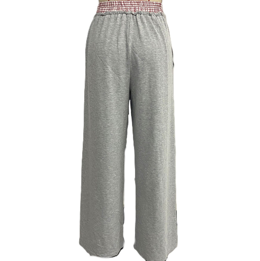 High Waist Contrast Waistband Wide Leg Pants - Grey - 2