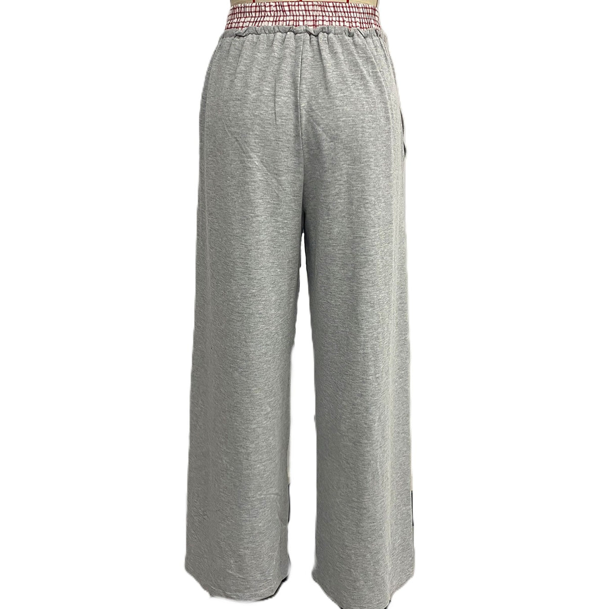 High Waist Contrast Waistband Wide Leg Pants - Grey - 2