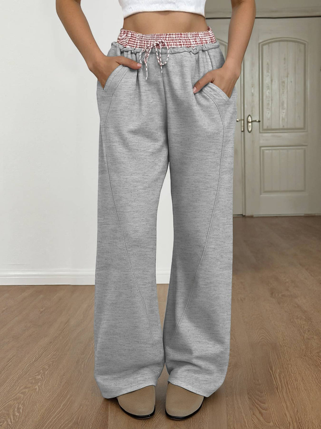High Waist Contrast Waistband Wide Leg Pants