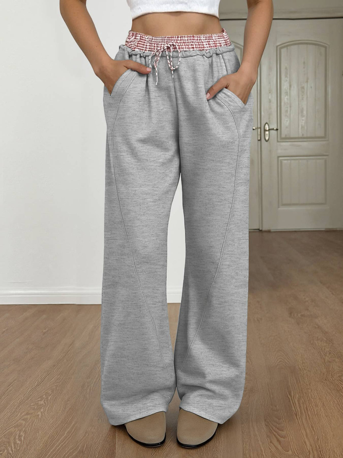 High Waist Contrast Waistband Wide Leg Pants