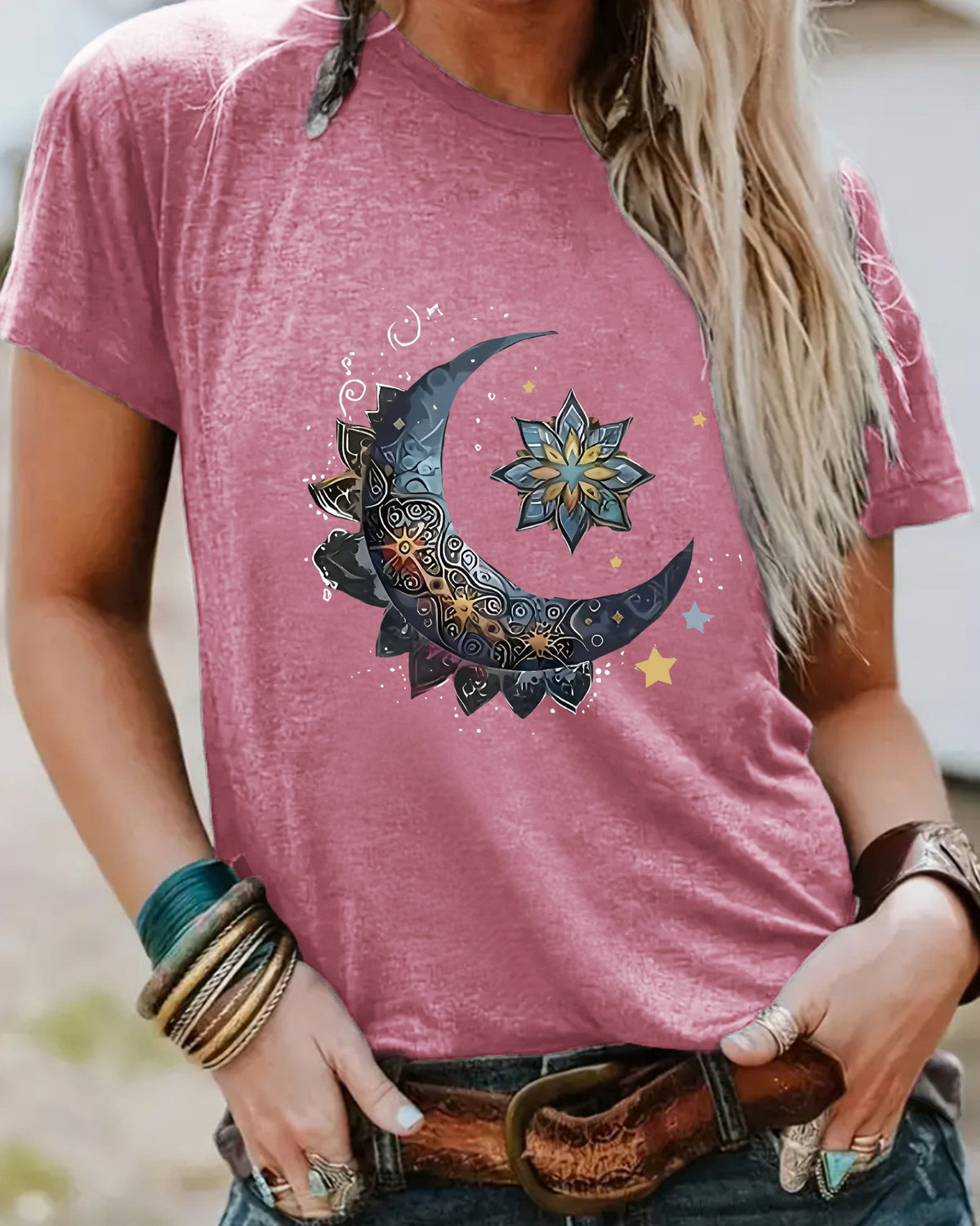 Celestial Moon Star Graphic Tee - Dark-Red