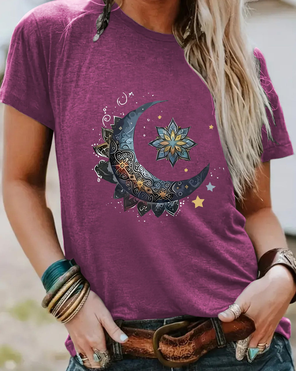 Celestial Moon Star Graphic Tee - Flower-Red