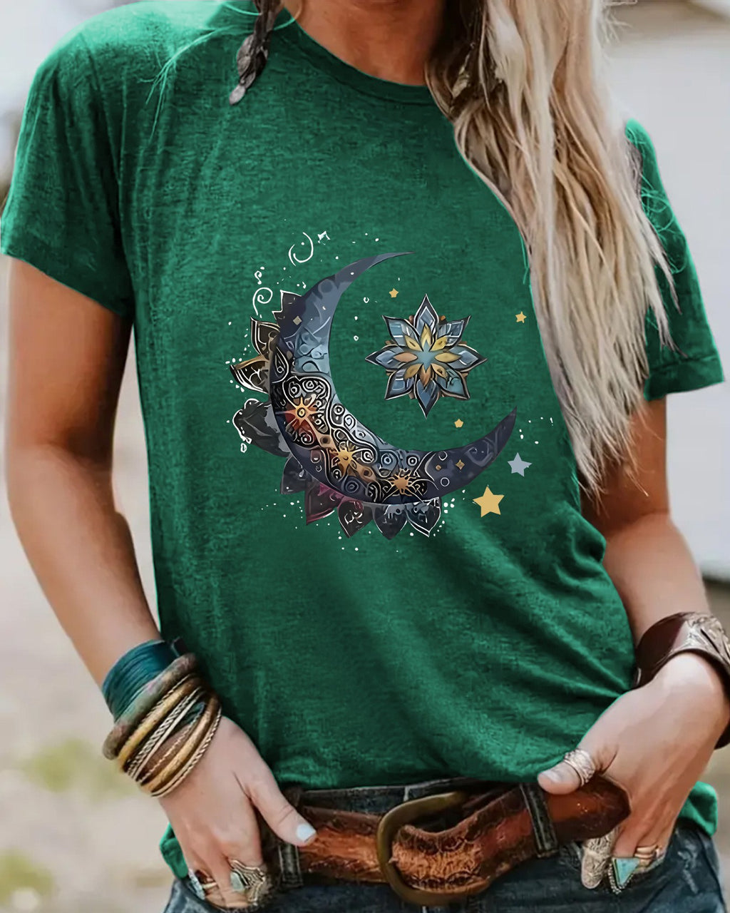 Celestial Moon Star Graphic Tee - Green
